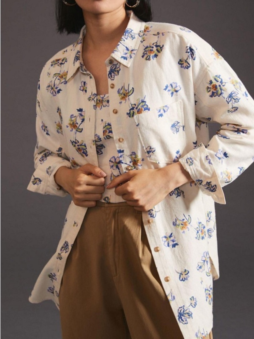 Anthropologie Pilcro Linen Blend Floral Button Oversized Shirt